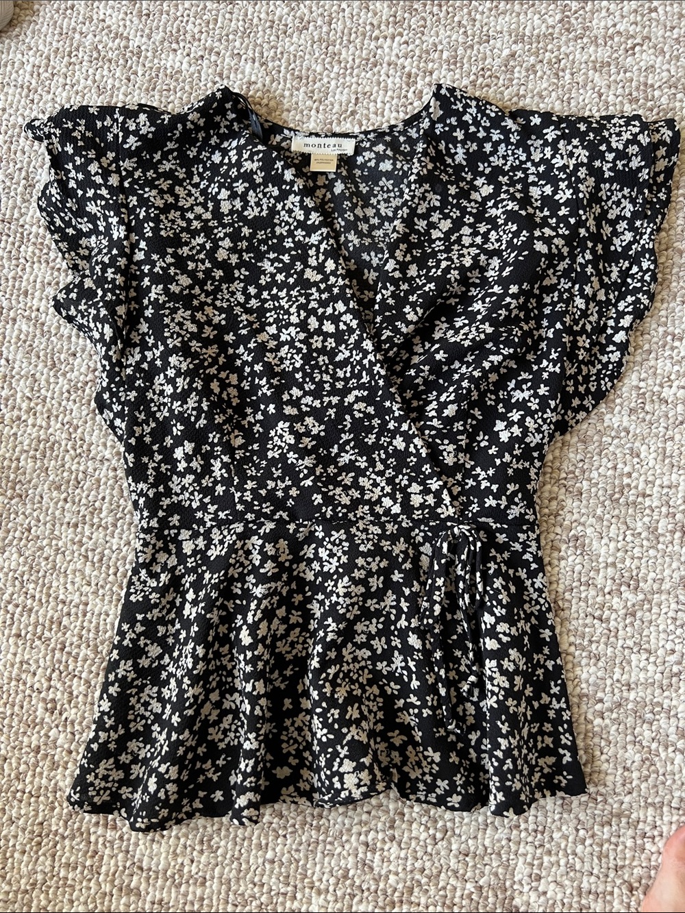 Monteau Black Floral Wrap Peplum Blouse